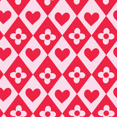 Red Hearts and retro mod white flowers on diamonds seamless pattern. For Valentine&rsquo;s day print, fabric and wrapping paper