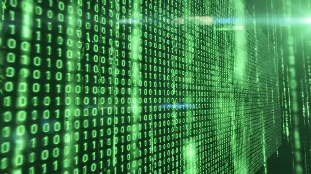 Green binary code streaming down a digital wall in a futuristic data visualization