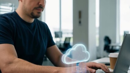 Cloud computing concept with laptop smartphone notebook coffee cup on office desk digital technology data transfer wireless connection external hard drive technology environment - Powered by Adobe