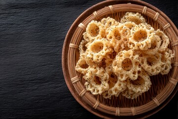 A visually appealing collection of golden-brown, intricately patterned crispy snacks is artfully arranged within a rustic, woven bamboo basket, set against a rich, dark textured background. Each delic