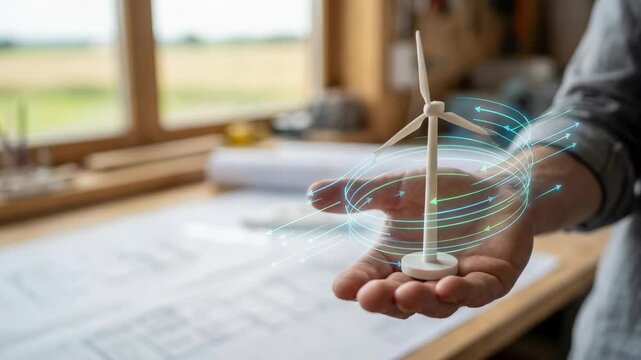 Wind turbine model hand holding renewable energy concept sustainable power clean energy eco friendly technology small scale model energy innovation green power wind energy futuristic design airflow