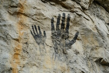 Ancient handprints artwork cave rock art historical site close-up cultural heritage
