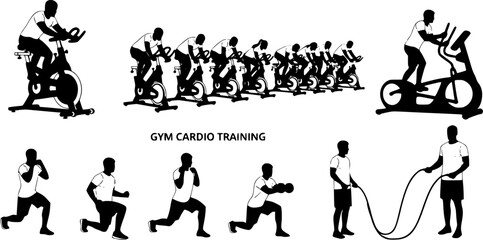 Obraz premium Indoor Cycling Silhouettes – Stationary Bike Workout, Spin Class Poses, Gym Cardio Training, Fitness Exercise Vector Illustration Set