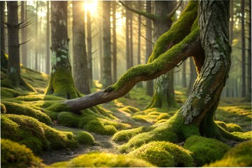 sunlit-moss-and-twisted-pine-trunks-