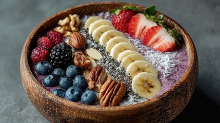 Top view of healthy vegan breakfast bowl with fruits and nuts, clean eating and balanced diet concept.