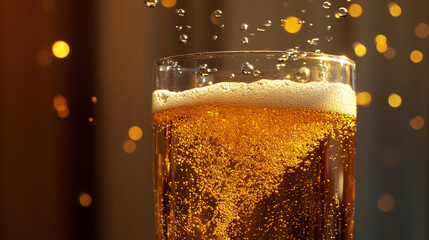 Close-up of beer in a glass with bubbles rising in slow motion, capturing effervescence, refreshing texture, and the visual appeal of a chilled, golden beverage in motion.