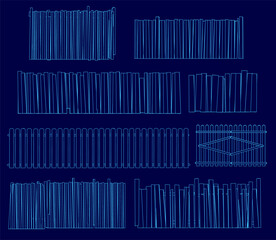 A wooden fence with multiple sections built from horizontal planks stands against a solid blue background. This line drawing set is ideal for construction or design projects.
