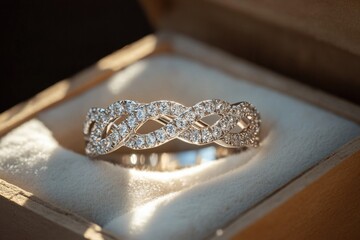 Elegant infinity ring displayed in luxurious box jewelry photography soft lighting close-up timeless love concept