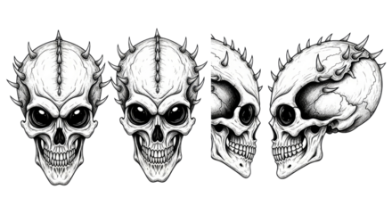 Four detailed alien skulls with spiky cranial protrusions and empty eye sockets isolated on transparent background