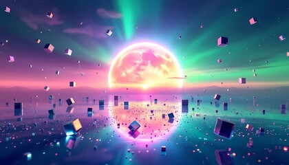 Futuristic background with planet and flying cubes