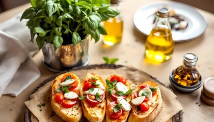 Italian bruschetta with mozzarella cheese, tomatoes and basil