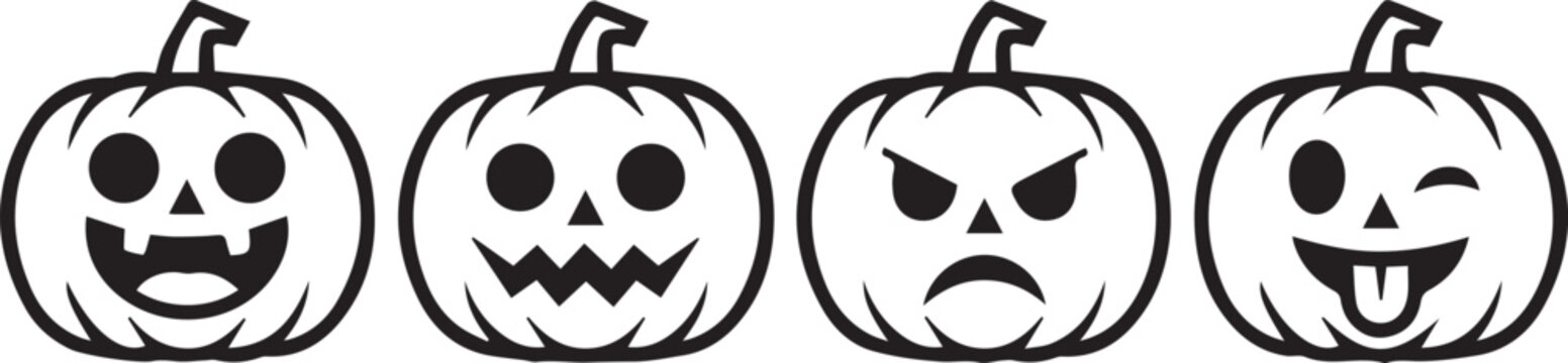 Halloween pumpkin faces set with spooky expressions hand drawn black and white illustration for festive decor