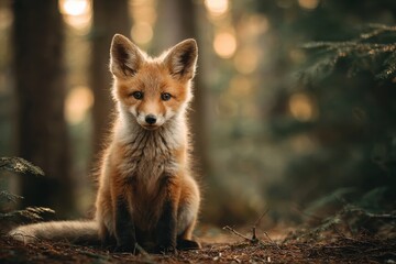 Fototapeta premium cute fox cub sitting, soft natural forest light, shallow depth of field, fluffy fur, emotional expression