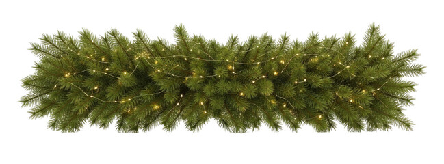 A lush green garland of artificial pine branches adorned with small warm white led lights isolated on transparent background