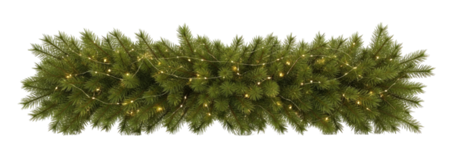 A lush green garland of artificial pine branches adorned with small warm white led lights isolated on transparent background