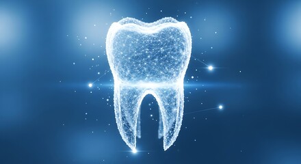 Futuristic Digital Dentistry 3D Glowing Tooth Wireframe Molar on Blue Background for Oral Health Tech