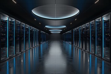 A sleek, modern server room featuring rows of servers under circular lighting, emphasizing technology and data storage.