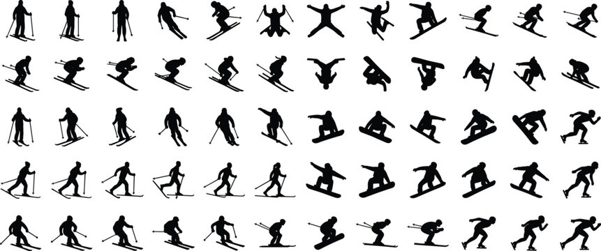 Winter sports silhouettes vector set featuring skiing snowboarding jumping tricks downhill action poses isolated black figures collection illustration design bundle