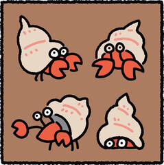 Cute Hermit Crab Paguroidea Cartoon Illustration Set