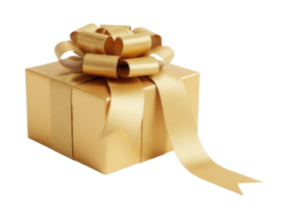A beautifully wrapped golden gift box adorned with a large satin ribbon and bow isolated on transparent background