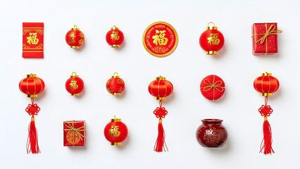 Symmetrical grid of Chinese New Year traditional decorations including red lanterns, envelopes, and lucky symbols on a white background