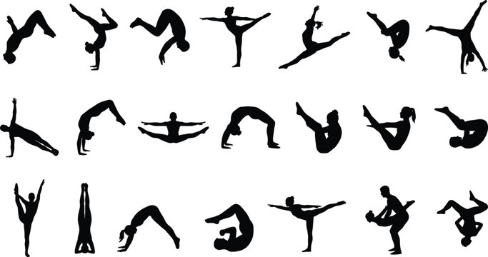 Gymnastics acrobat silhouette vector set featuring flips jumps balances flexibility poses isolated black athlete figures illustration design sport motion action