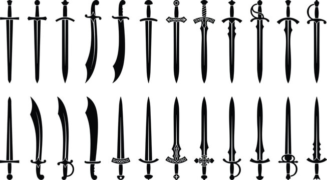 Medieval sword silhouette vector collection showing fantasy daggers blades hilts isolated black weapon icons illustration design set historical armory art