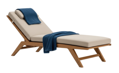Modern wooden chaise lounge with cream cushions and blue throws isolated on transparent background