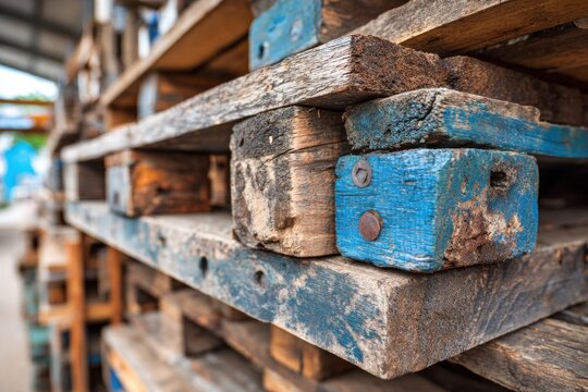 Wooden pallets are arranged in lines at a storage place in daylight showing signs of aging and previous usage in a work environment