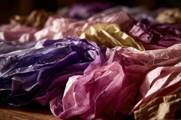 Crumpled pieces of colorful paper are spread out on a table in a working area. The different shades create an artistic look