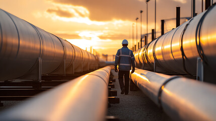 A worker inspects large pipelines at sunset, symbolizing the energy sector's importance and technological advancement.