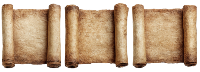 Three aged, brown parchment scrolls