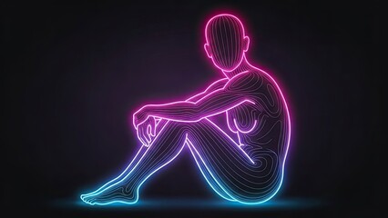 Abstract Digital Human Figure Glowing Neon Pink Blue Light, Dark Background