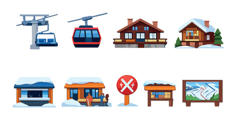 Winter ski resort icons featuring gondola lifts and snow-covered cabins