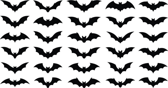 Black bat silhouette collection featuring flying halloween animals spooky night symbols isolated on white background vector illustration set