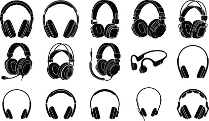 Black headphone silhouette collection featuring wired wireless studio gaming audio headsets isolated on white background vector illustration set © Creative Vector