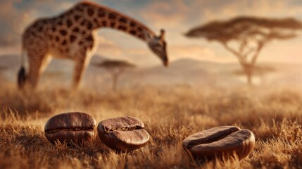 Coffee beans from Ethiopia on African savanna with giraffe at sunset creative concept