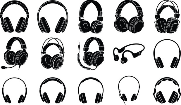 Black headphone silhouette collection featuring wired wireless studio gaming audio headsets isolated on white background vector illustration set