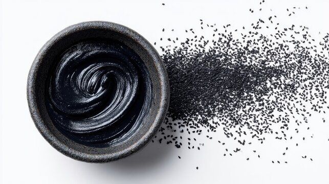 Black sesame paste in ceramic bowl with raw sesame seeds on white background
