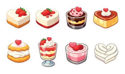 Assorted romantic heart-shaped desserts with berries and cream toppings