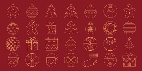Golden christmas ornaments and festive symbols arranged on a red background