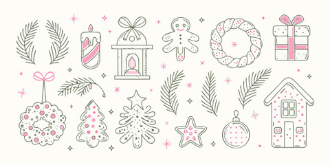 Festive christmas doodles gingerbread men wreaths gifts and cozy winter elements