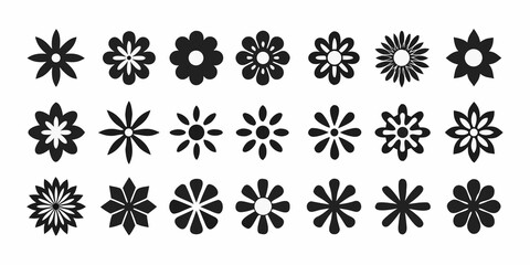 Collection of diverse black and white floral design elements in a grid pattern