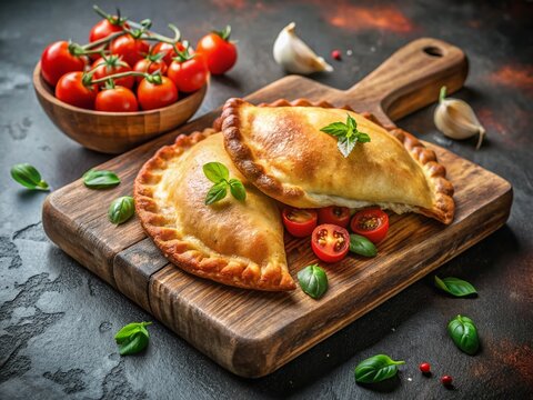 Homemade Deep Fried Panzerotti Calzone with Tomato & Mozzarella - Rustic Wooden Board - Top View