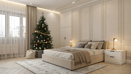 Cozy bedroom with christmas tree and modern furniture