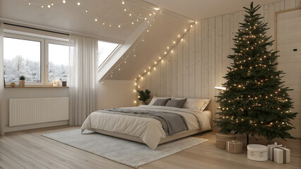 Cozy bedroom with christmas tree and fairy lights