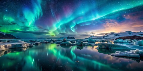 Iceland Glacial Lagoon Night Photography: Starry Sky, Icebergs, and Aurora Borealis