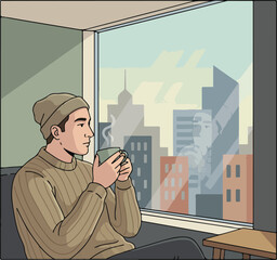 Man in beanie contemplates city view while holding warm beverage.
