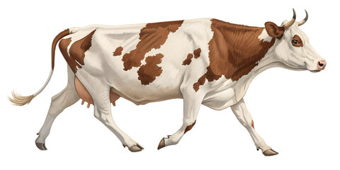 Cow walking forward in motion. Realistic farm animal pose isolated on transparent background.
