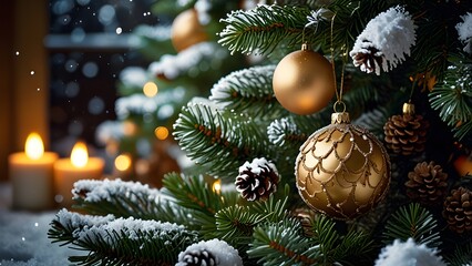 Christmas tree with festive decorations and shiny ornaments